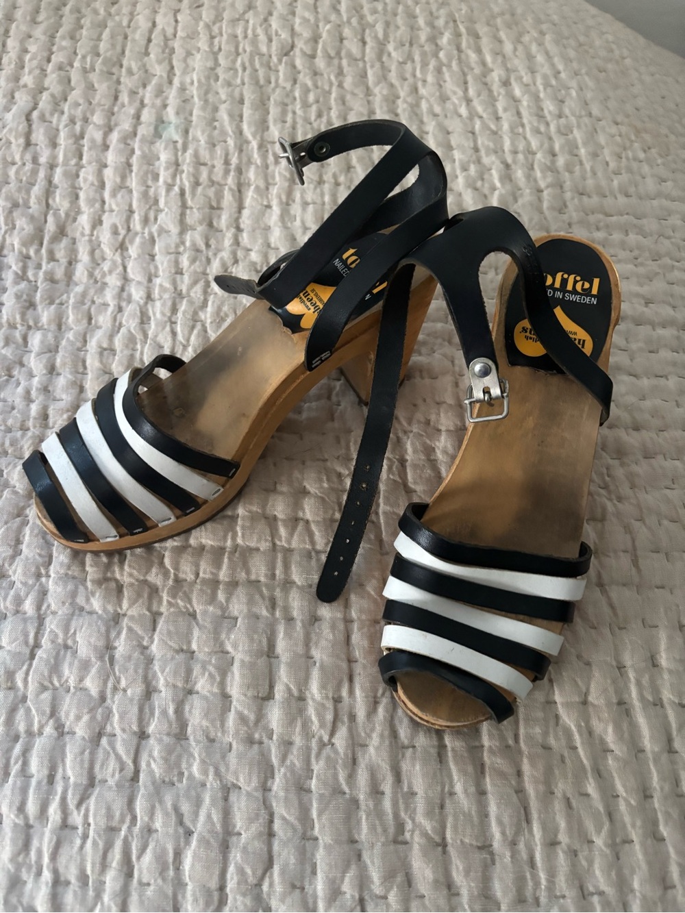 Swedish Hasbeens Black and White Striped Leather Sandals